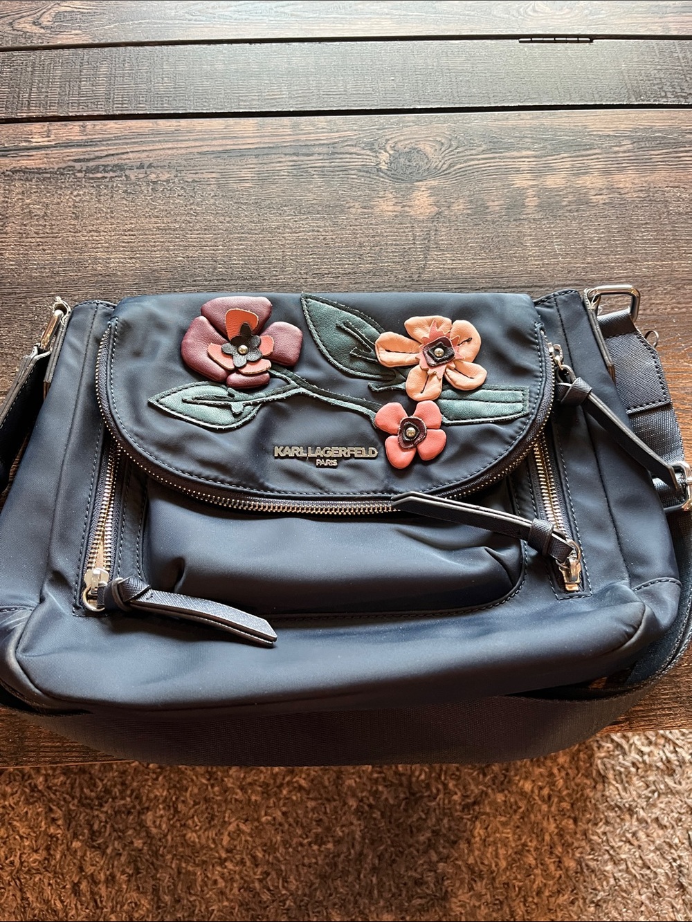 Karl Lagerfeld Black Crossbody with Pink & Peach Floral Appliqués